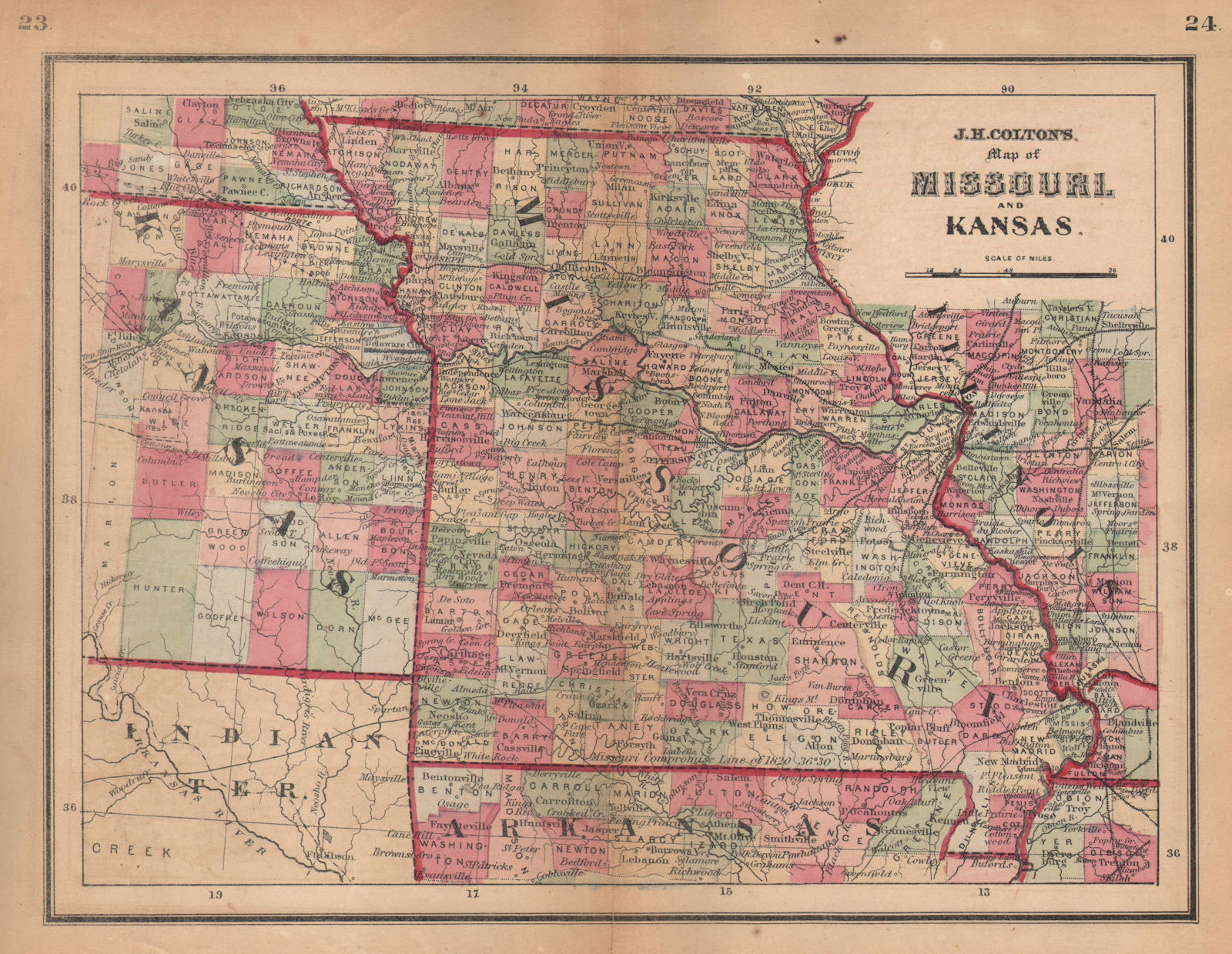 J. H. Colton's map of Missouri and Kansas 1864 old antique plan chart